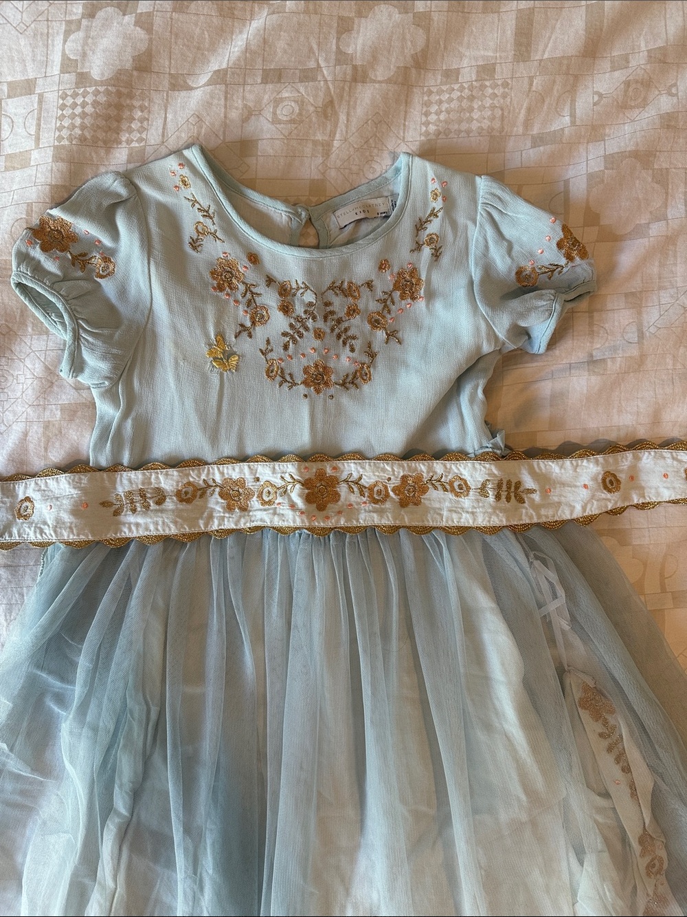 Stella McCartney Kids Light Blue Tulle Dress with Gold Embroidery